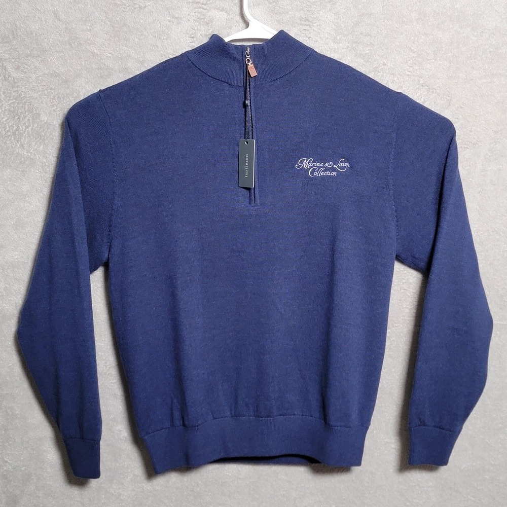 Turtleson Sweater Men Small Navy Blue Quarter Zip Merino Wool Marine Lawn Preppy